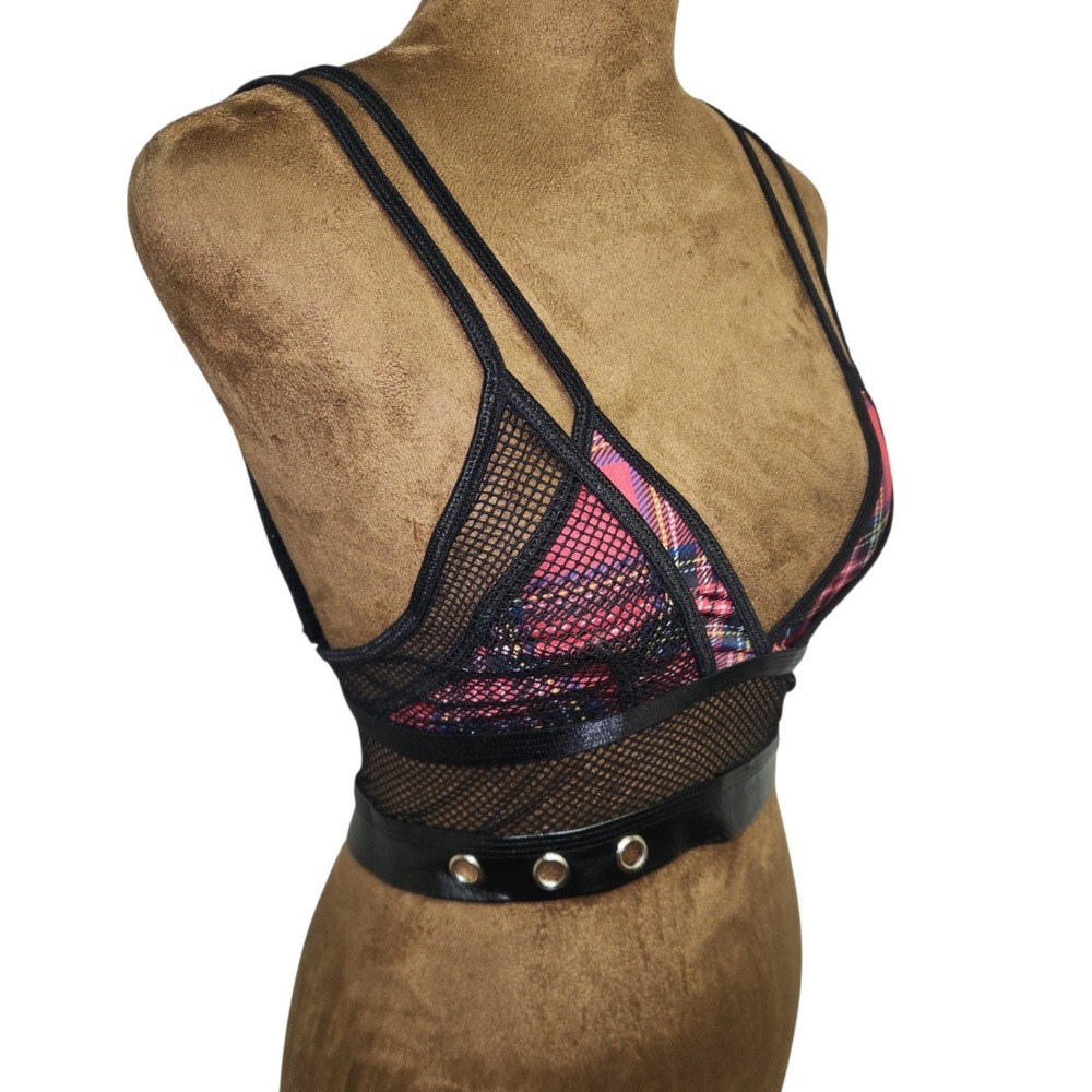 Body Rage Hot Topic Bra Plaid Mesh Layered Faux Leather Women's Size S Red Black